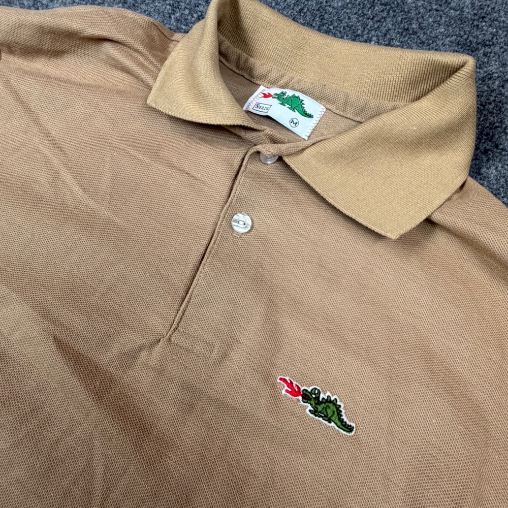 Vintage Sears Dragon Polo Shirt Mens Medium Tan Brown Pique Knit Short Sleeve